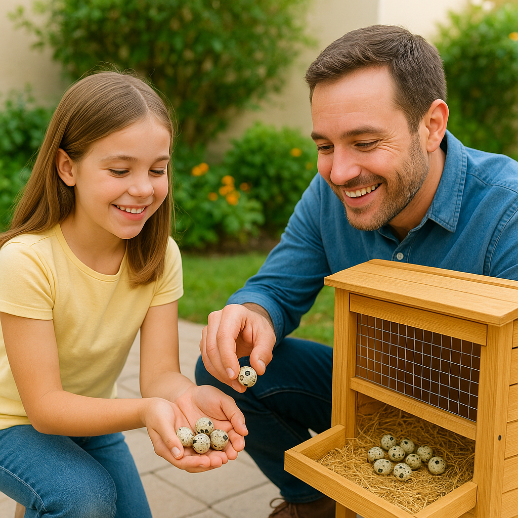 A family happily collecting fresh quail eggs from a neat backyard coop