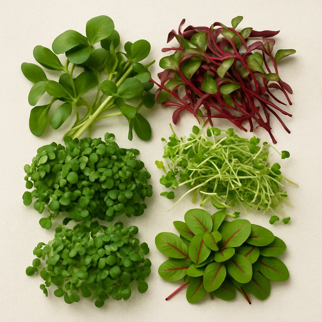 Nutrient-Packed Edible microgreens for Your Kitchen A vibrant assortment of fresh edible microgreens in various colors and sizes