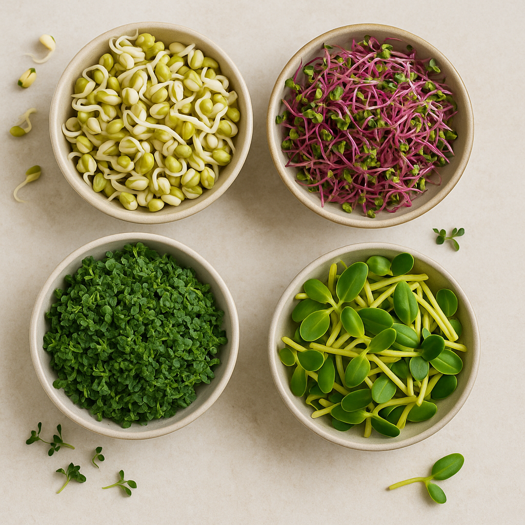 Nutrient-Packed Edible Sprouts for Your Kitchen A vibrant assortment of fresh edible sprouts in various colors and sizes
